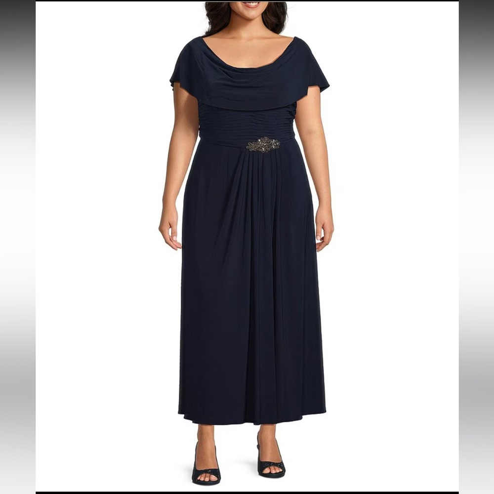 Alex Evenings 20W Long Navy Gown Cowl Cap Sleeves Maxi Slit Jersey Plus Size